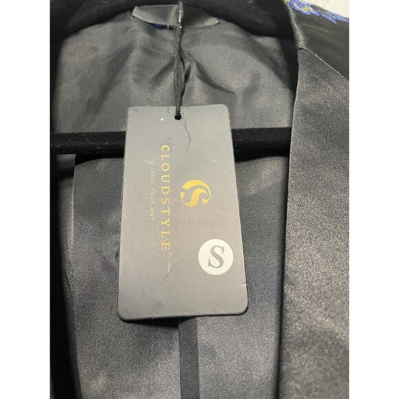 Cloudstyle Men's Dinner Jacket Blue and Gold Embroidered On Silky Black Sz Small - Picture 14 of 16